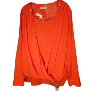 Calvin Klein Women's Medium Orange Wrap Blouse‎ Long Sleeve V-Neck Work Top